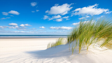 A peaceful beach scene with white sand and blue skies, captured in a natural, relaxing style