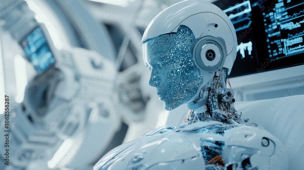 Poster futuristic robot with digital features in lab setting