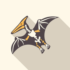 Cartoon illustration of a pterodactyl skeleton flying, featuring its visible bone structure, wide wings, and long beak © anatolir