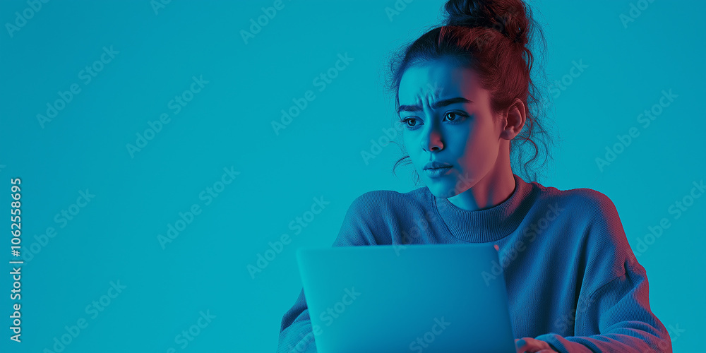 Poster young woman with focused expression working on laptop under vibrant neon lights, creating a modern a