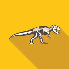 Side view of a tyrannosaurus rex skeleton walking, depicted on a vibrant yellow background