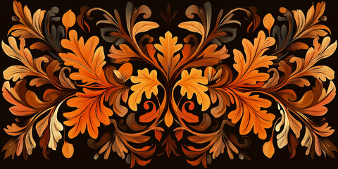 Khokhloma autumn leaves creating a symmetrical floral pattern on black background