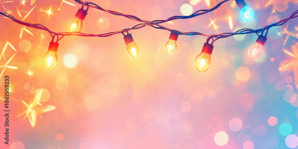 Poster Colorful string lights shining on a festive bokeh background