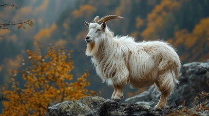 Obraz premium A goat walking along the edge of a cliff, surrounded by autumnal trees and hills.