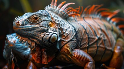 Fototapeta premium A close-up image of a blue and brown iguana with red markings, looking at the camera.