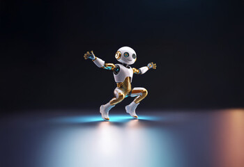 A small, white and gold robot with glowing eyes stands in a dramatic pose with its arms outstretched, illuminated by bright blue and orange light.