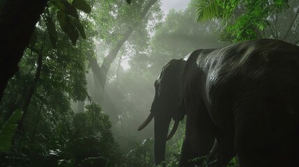 Majestic elephant traversing a misty rainforest, its wrinkled skin and enormous form captured in sharp detail, conveying both strength and calm. Sunlight filters gently through the lush canopy, 