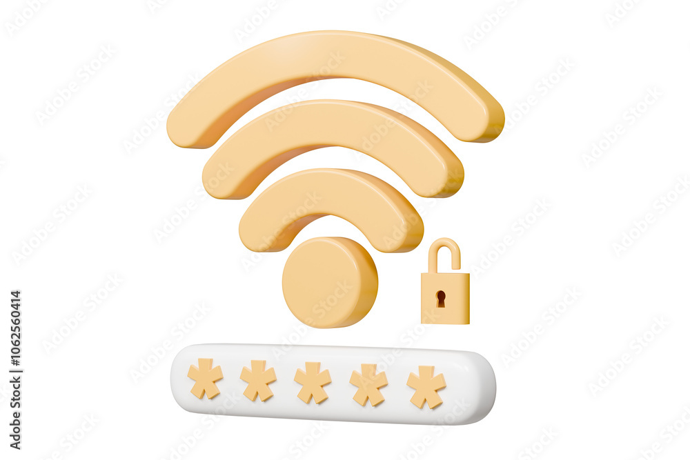 Poster 3d wifi password protection icon. minimal wireless network password protection with padlock and pass