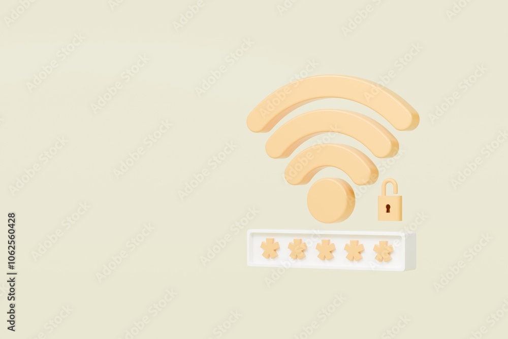 Poster 3d wifi password protection icon. minimal wireless network password protection with padlock and pass