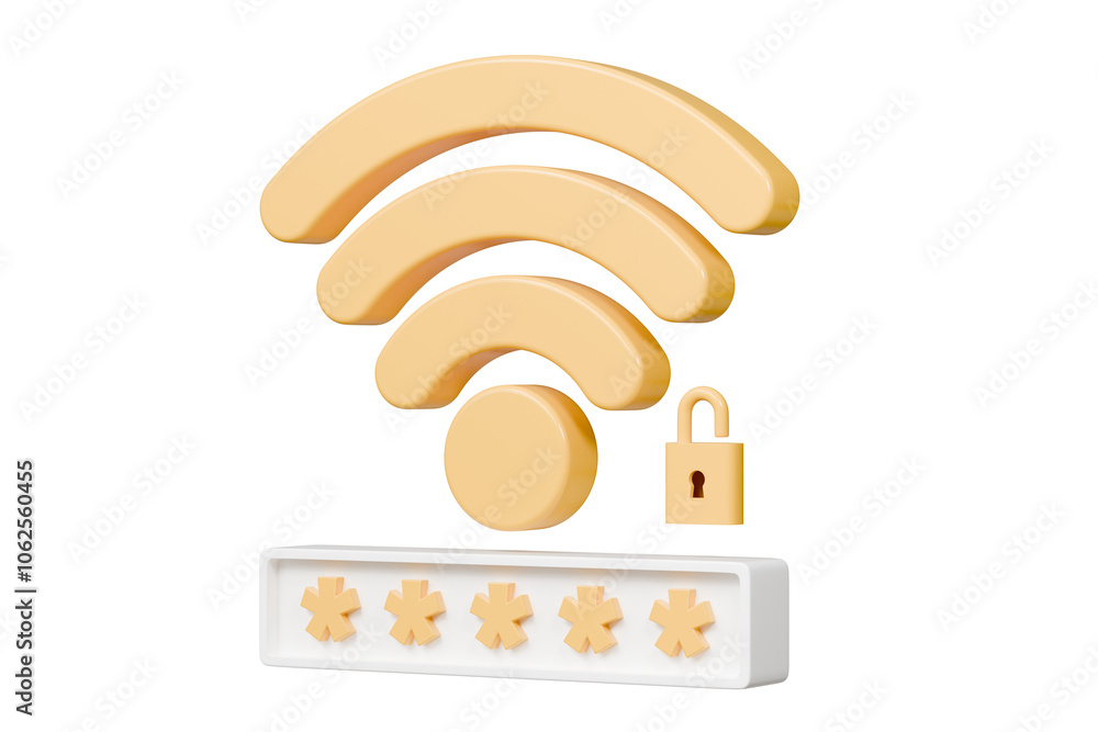 Poster 3d wifi password protection icon. minimal wireless network password protection with padlock and pass