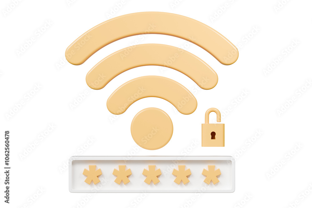 Poster 3d wifi password protection icon. minimal wireless network password protection with padlock and pass