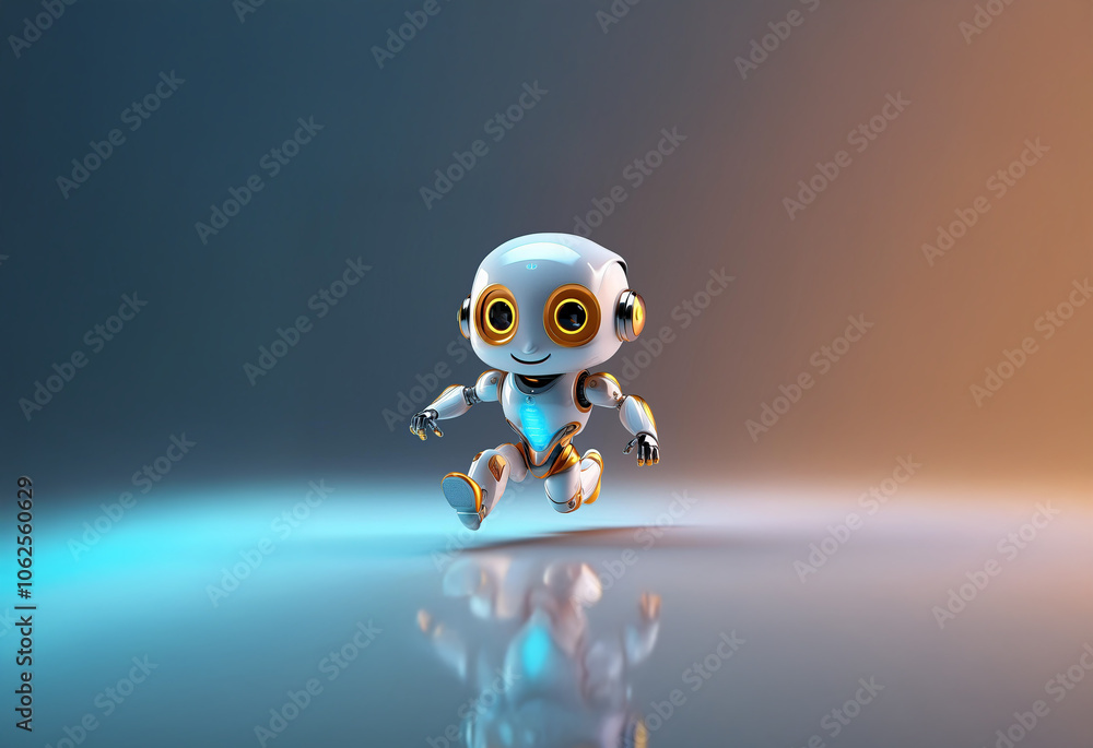 Poster a cute, white and yellow robot with large eyes is running forward in a pose suggesting it is jumping