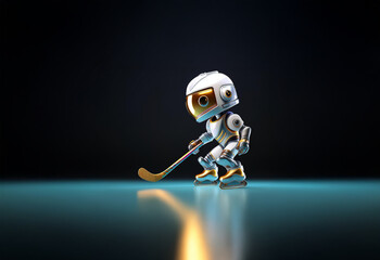 A small, white and gold robot wearing hockey equipment, holding a hockey stick and standing on a reflective, teal surface.