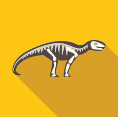 Dinosaur skeleton standing on a yellow background, casting a long shadow, perfect for educational or prehistoric themed projects