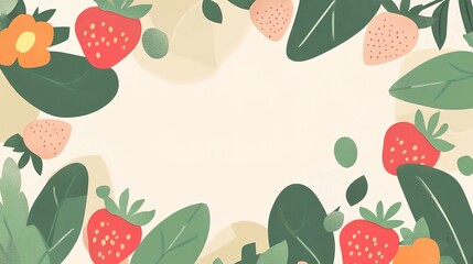 A hand-drawn natural fresh strawberry patterned frame, featuring vibrant red strawberries with green leaves arranged in a repeating pattern. The design captures the essence of freshness and natural 