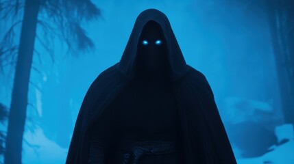 A cloaked figure with glowing blue eyes stands in a misty forest, surrounded by tall, shadowy trees. cool blue and gray tones create a haunting atmosphere, perfect for dark fantasy.