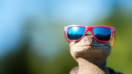 A close-up of a lizard in vibrant pink sunglasses highlights its fun personality. detailed scales and sunny backdrop create a lighthearted vibe, perfect for whimsical themes.