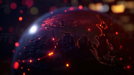 A globe of Asia showcases a network of glowing red lines against a textured surface. A colorful bokeh background enhances its futuristic look, symbolizing global connectivity.