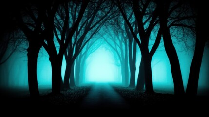 A misty forest towering trees casting long shadows and an ethereal blue hue, inviting exploration and contemplation of nature's mysteries.