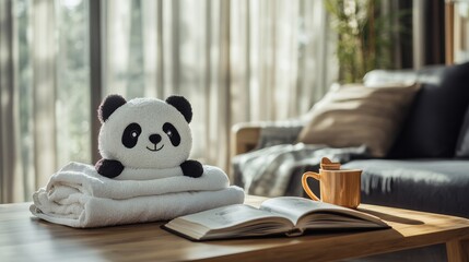 Cozy Living Room with Panda Plush and Book