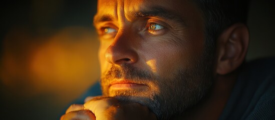 Close-up portrait of a man looking up with a thoughtful expression.
