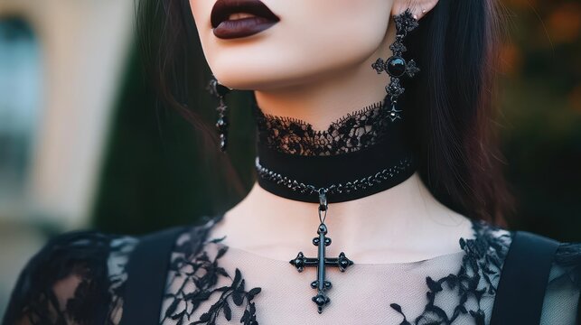 A striking close-up of a model in gothic fashion, featuring bold lipstick, dramatic eye makeup, and a lace choker with a cross pendant against a blurred garden backdrop.