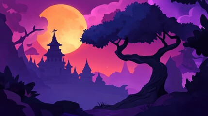 Fototapeta premium digital a mystical landscape at dusk, featuring a glowing orange moon and an enchanting castle atop a hill, surrounded by dark silhouettes of trees.