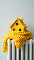 A house wrapped in a cosy warm scarf on a radiator. Background, Home heating concept, wallpaper