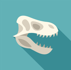 Side view of a tyrannosaurus rex skull fossil, highlighting its menacing teeth and bone structure, set against a vibrant blue backdrop © anatolir