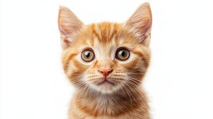 Obraz premium Isolated on white background, a cute ginger cat sits and stares at the camera