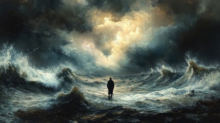 Obraz premium Contemplation at the Edge: A Lone Figure Against the Fury of the Sea