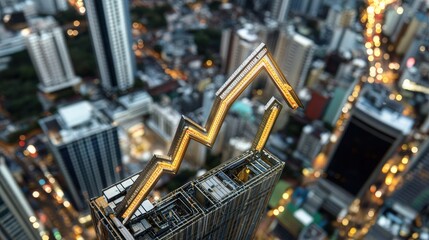 Fototapeta premium Upward Trend Arrow Sign on Skyscraper Rooftop Business Success Financial Growth Citysca