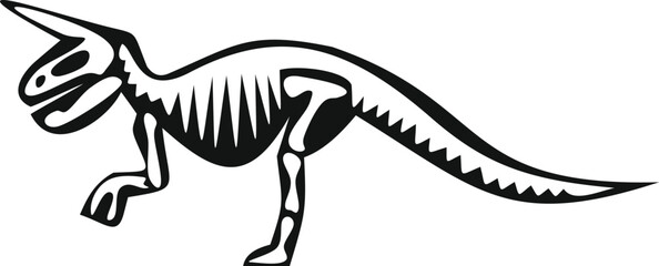 Black and white drawing of a parasaurolophus dinosaur skeleton walking