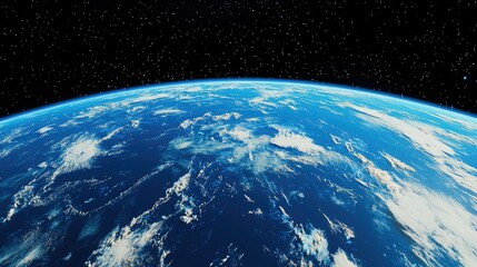 Obraz premium A vibrant view of Earth from space, showcasing its blue oceans, white clouds, and starry background, highlighting the beauty of our planet.