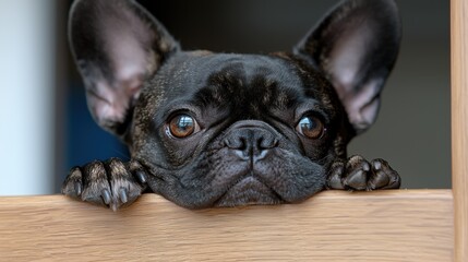 Fototapeta premium Cute French Bulldog Puppy Dog Looking Out From Behind Wooden Door