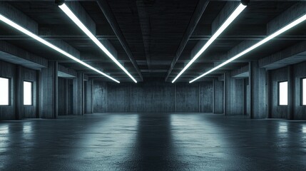 A Futuristic Concrete Corridor with Fluorescent Lights