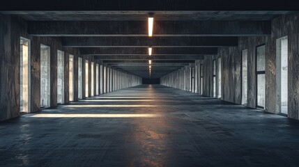 Concrete Corridor with Overhead Lights and Windows