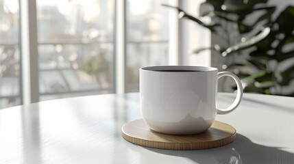 Fototapeta premium Minimalist scene of a white coffee mug on a wooden coaster, with soft natural light streaming in from a large window and blurred greenery in the background