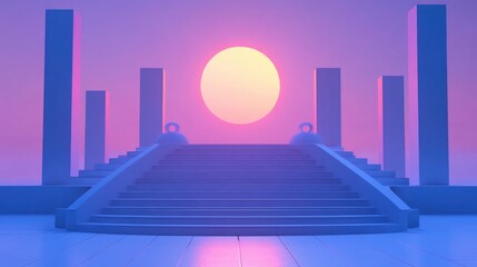 Abstract Staircase with a Circular Light Source in a Purple and Blue Environment