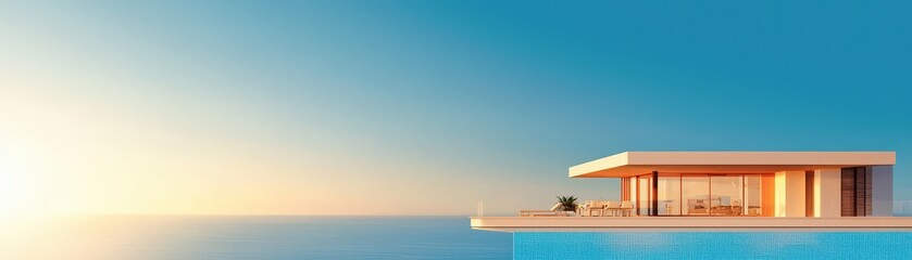 Fototapeta premium Modern House with Infinity Pool and Ocean View at Sunset