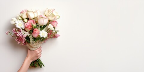 A delicate bouquet of roses, daisies, and wildflowers is held in a hand against a plain white background, symbolizing elegance, romance, and simplicity.