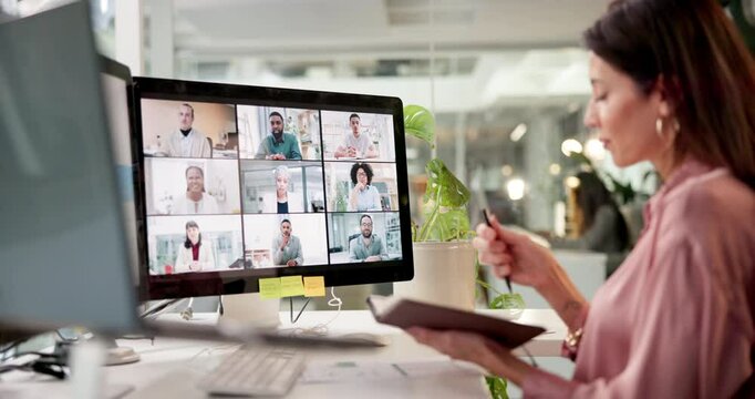 Video call, computer screen and business woman wave in creative startup. Webinar, online conference and greeting happy team, writing notes and journalist learning in group virtual chat and meeting