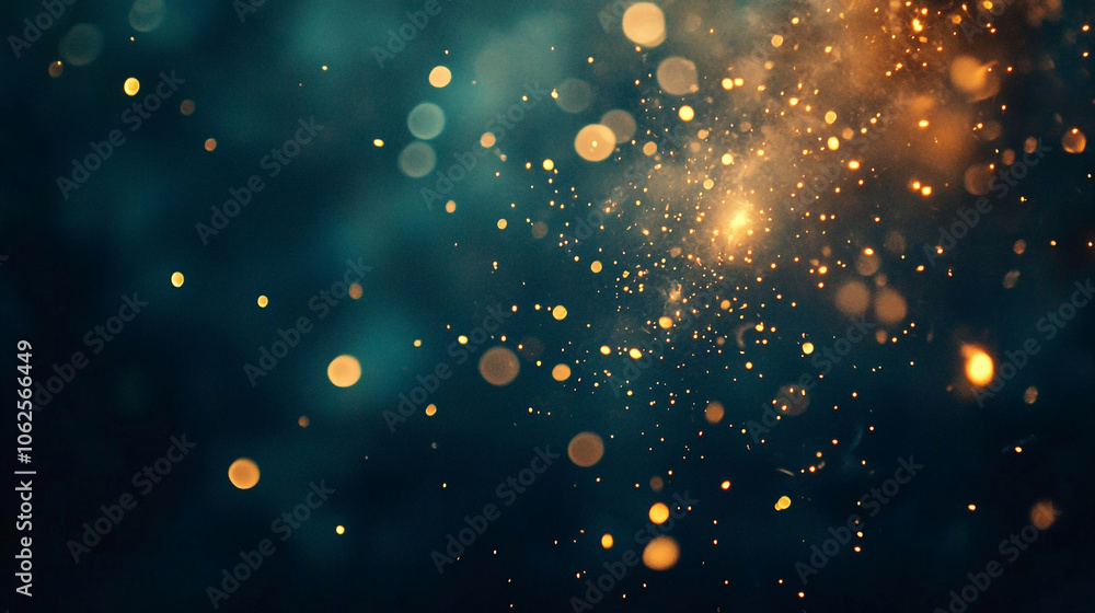 Poster sparkling golden particles create a mesmerizing effect against a dark background at night