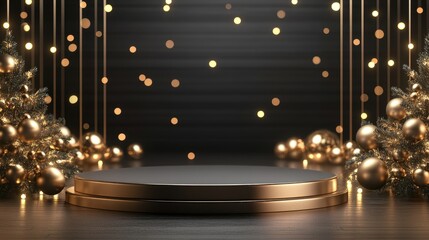 Festive Black and Gold Christmas Product Display with Ornaments and Lights