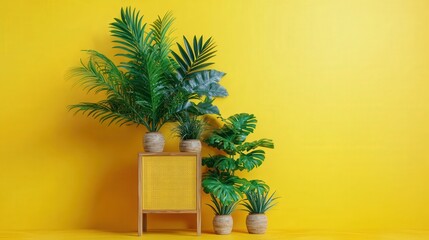 Obraz premium Tropical Plants in Pots Against Yellow Wall with Wooden Cabinet