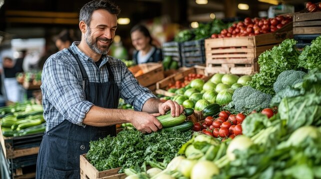 Smiling Vendor Arranging Fresh Vegetables at a Bustling Farmers Market Stall with Vibrant Produce Displayed in Wooden Crates