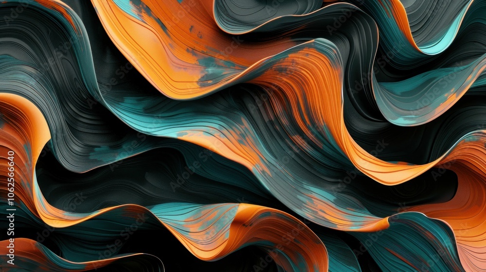 Poster abstract wavy patterns in vibrant orange and teal colors create a dynamic and visually striking imag