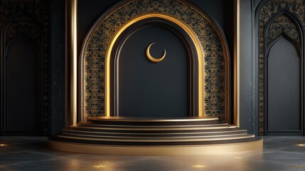 Black and Gold Podium with Islamic Archway and Crescent Moon