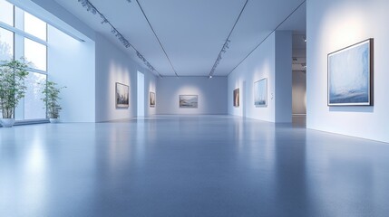 Fototapeta premium Contemporary Art Gallery Interior with Minimalist Design and Natural Lighting Showcasing Modern Paintings on White Walls