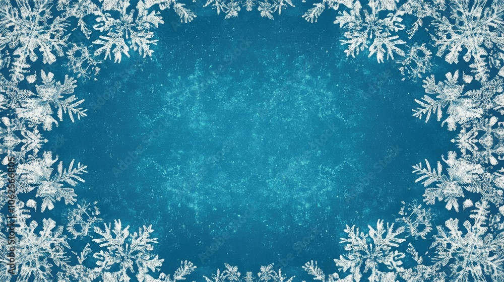 Poster beautiful snowflake pattern on ice-like background, ample copy space